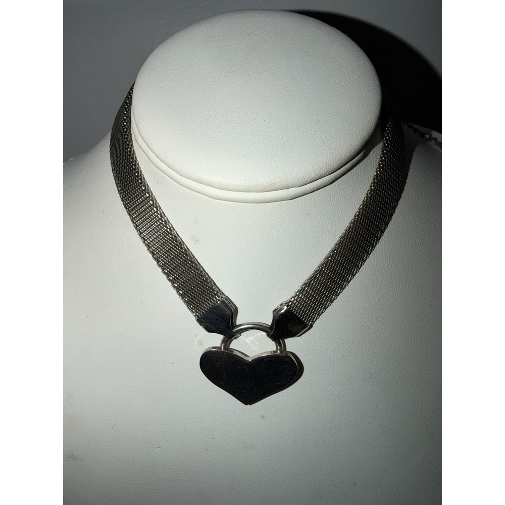 Silver Tone Heart Mesh Chain‎ Necklace Choker Y2K 16"